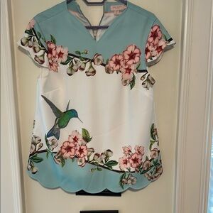 Ted Baker White and Blue Boxy Blouse with Mandarin Collar